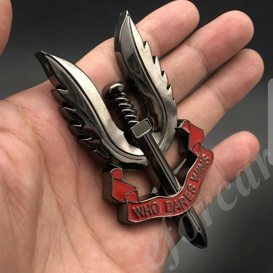 3D Who Dares Wins  Metal Sticker Decal Silver (9 x 5 cm)
