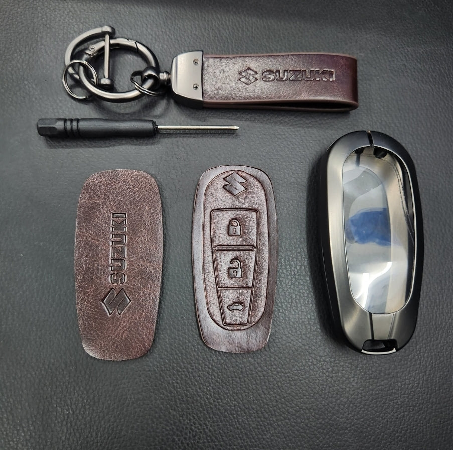 Suzuki 3 Button Key (Ciaz, Baleno, Brezza, S Cross, Ignis) Luxury Metal Alloy Leather Keycase with Holder & Rope Chain