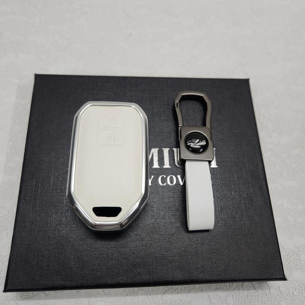 Suzuki Swift/Baleno/Ignis 2 Button Key Exclusive Aluminium Alloy Leather Keycase with Holder & Rope Chain