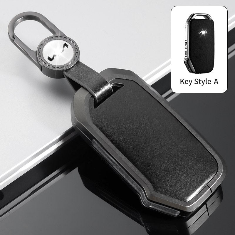 Kia Facelift Keyless (4 Button Key) Exclusive Aluminium Alloy Leather 2.0 Keycase with Holder & Rope Chain