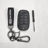 Kia Seltos/Sonet 4 Button Key Luxury Handmade Oilwax Leather Keycase with Logo, Caption, Hook, and Chain