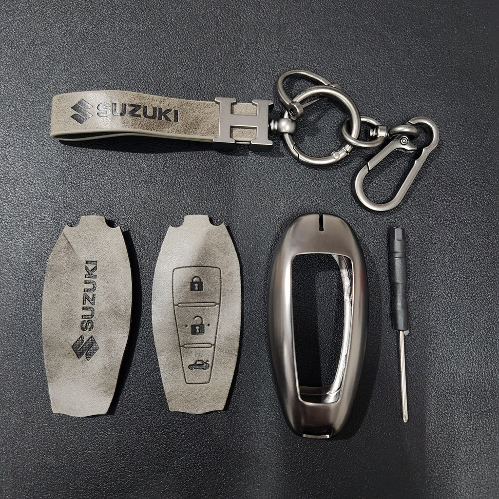 Suzuki 3 Button Key (Ciaz, Baleno, Brezza, S Cross, Ignis) Luxury Metal Alloy Leather Keycase with Holder & Rope Chain