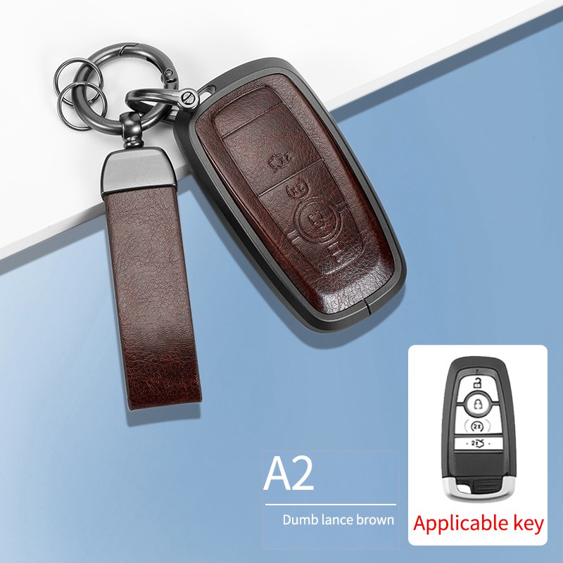 Ford New Keyless (3 Button Key) Exclusive Aluminium Alloy Leather 2.0 Keycase with Holder & Rope Chain