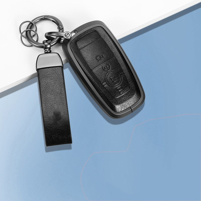 Ford New Keyless (3 Button Key) Exclusive Aluminium Alloy Leather 2.0 Keycase with Holder & Rope Chain