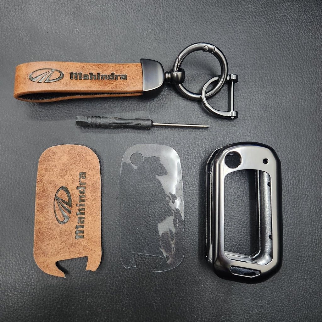 Mahindra XUV700/Scorpio/XUV300 New Flip Key Luxury Metal Alloy Leather Keycase with Holder & Rope Chain