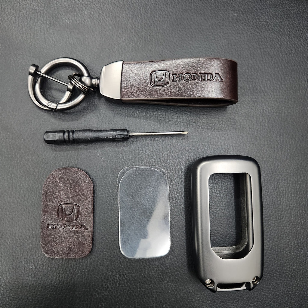 Honda 2/3/4 Button (Keyless Remote Key) Metal Alloy Leather Keycase with Holder & Rope Chain