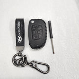 Hyundai i20/Creta Flip Key Luxury Handmade Oilwax Leather Keycase with Logo, Caption, Hook, and Chain