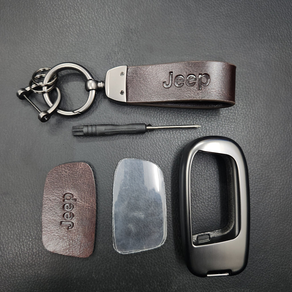 Jeep Compass/Cherokee/Meridian Luxury Metal Alloy Leather Keycase with Holder & Rope Chain