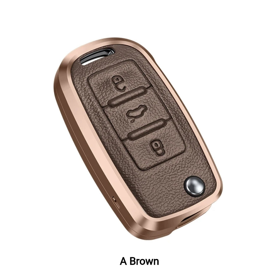 Skoda/Volkswagen Old Flip Key Exclusive Aluminium Alloy Leather Keycase with Holder & Rope Chain