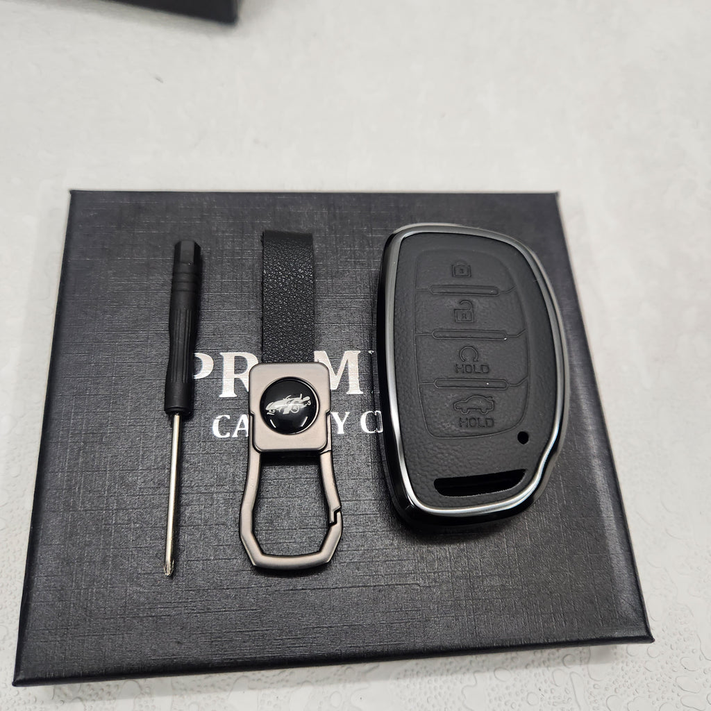 Hyundai Alcazar/Creta/i20 4 Button Key Exclusive Aluminium Alloy Leather Keycase with Holder & Rope Chain