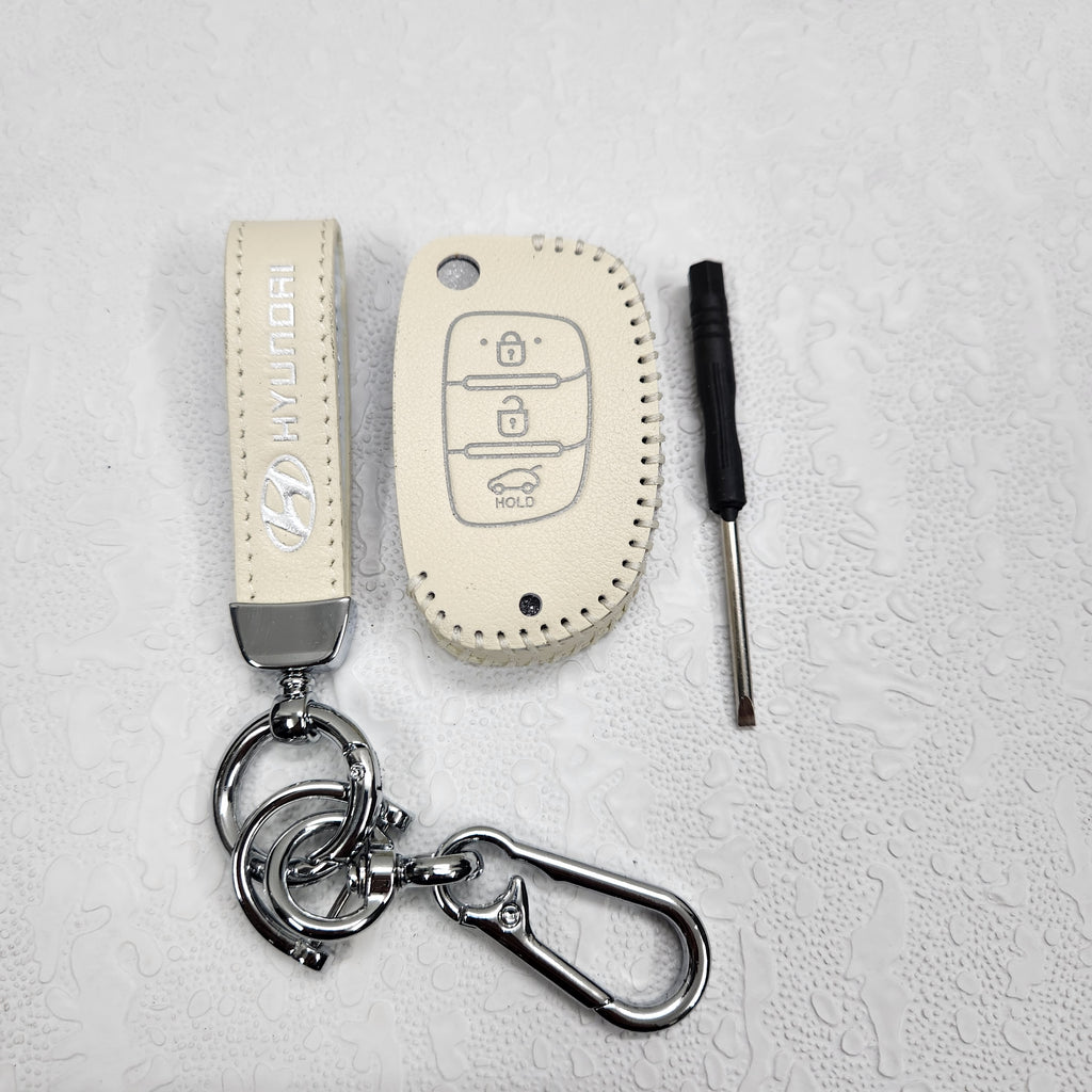 Hyundai i20/Creta Flip Key Luxury Handmade Oilwax Leather Keycase with Logo, Caption, Hook, and Chain