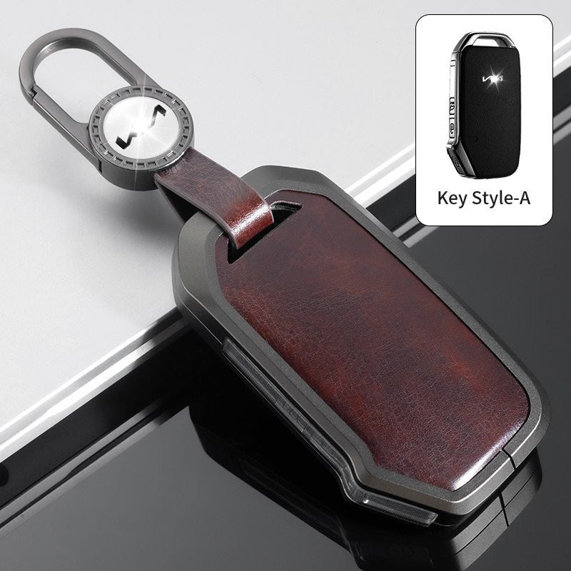 Kia Facelift Keyless (4 Button Key) Exclusive Aluminium Alloy Leather 2.0 Keycase with Holder & Rope Chain