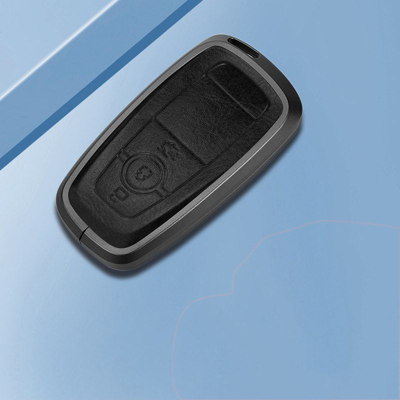 Ford New Keyless (3 Button Key) Exclusive Aluminium Alloy Leather 2.0 Keycase with Holder & Rope Chain