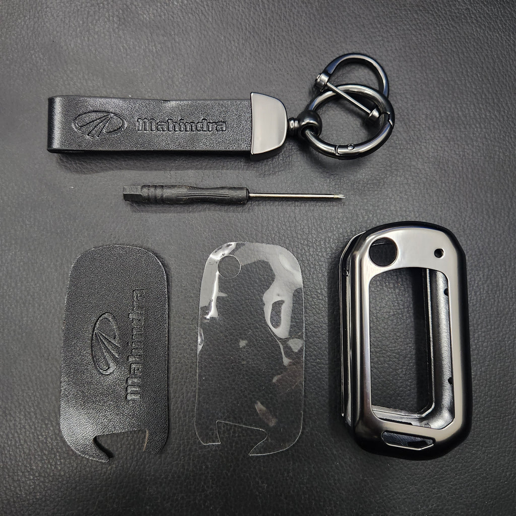 Mahindra XUV700/Scorpio/XUV300 New Flip Key Luxury Metal Alloy Leather Keycase with Holder & Rope Chain