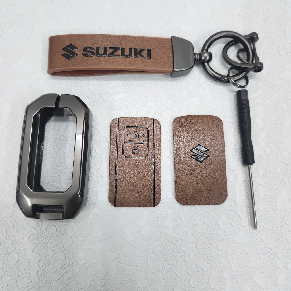Suzuki 2 Button Key (Baleno, Brezza, S Cross, Swift, Ignis) Luxury Metal Alloy Leather Keycase with Holder & Rope Chain