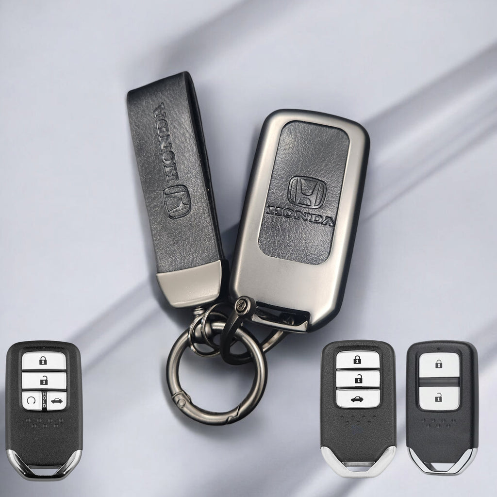 Honda 2/3/4 Button (Keyless Remote Key) Metal Alloy Leather Keycase with Holder & Rope Chain