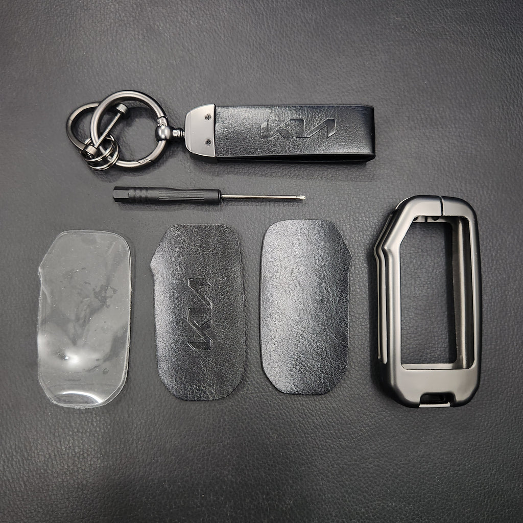 Kia Facelift (Keyless 4 Button Key) Luxury Metal Alloy Leather Keycase with Holder & Rope Chain