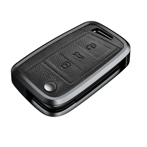 Skoda/Volkswagen New Flip Key Exclusive Aluminium Alloy Leather Keycase with Holder & Rope Chain