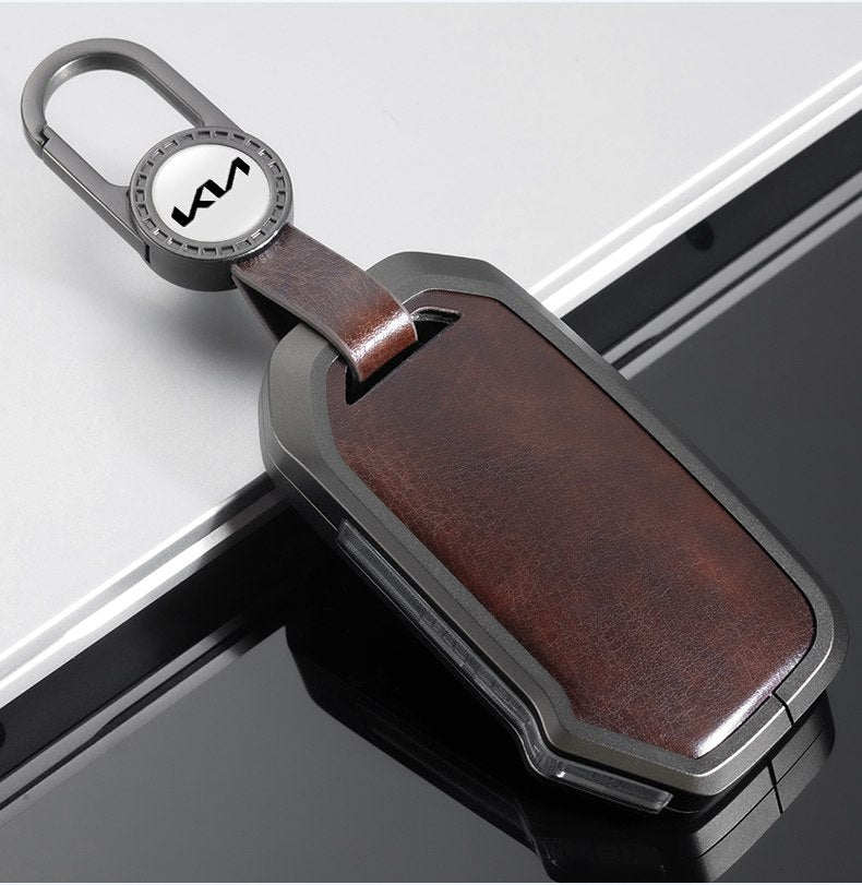 Kia Facelift Keyless (4 Button Key) Exclusive Aluminium Alloy Leather 2.0 Keycase with Holder & Rope Chain